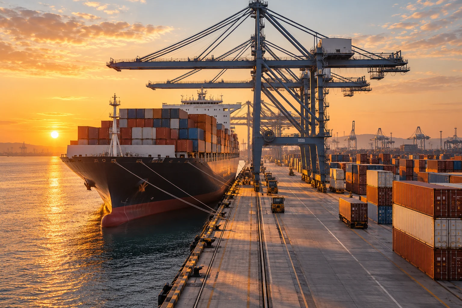 Cargo ship and container cranes in warm morning light