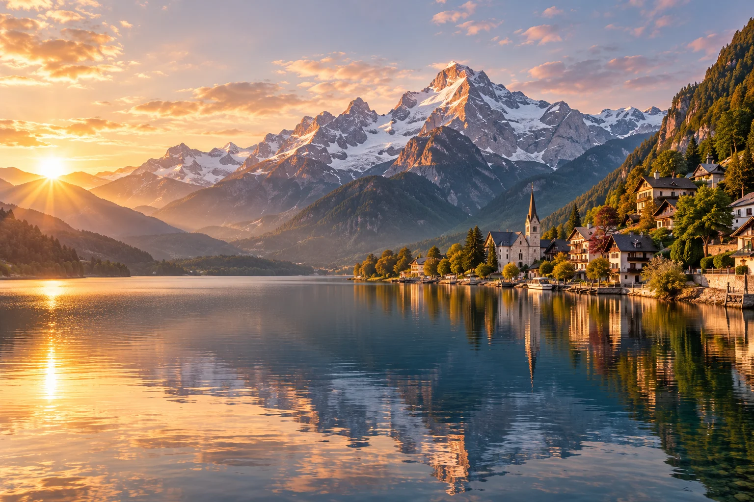 Sunrise over a quiet mountain lake and lakeside village